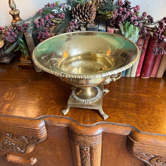 Vintage Ornate Brass Pedestal Bowl with Claw Feet and Faces - Picture 12 of 17